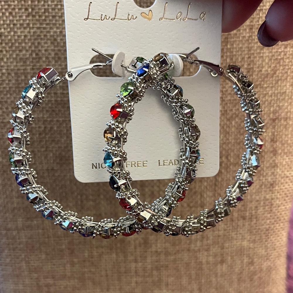 Silver Multicolor Crystal Hoop Earrings